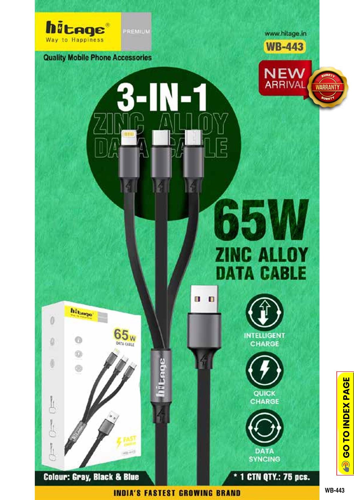 WB-443 (3 in 1) Hitage Data Cable (65W)