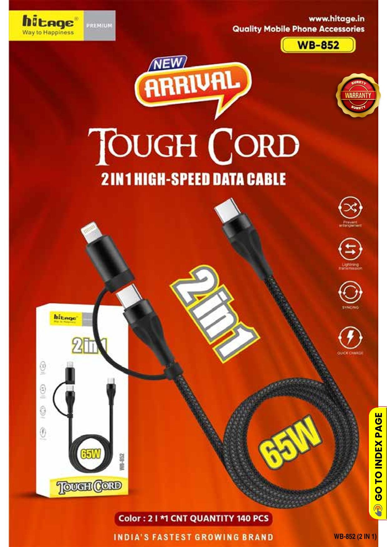 WB-852 Hitage (2 in 1) Data Cable (65W)